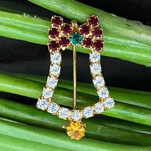 Vintage Unsigned Rhinestones Christmas Bell Brooch